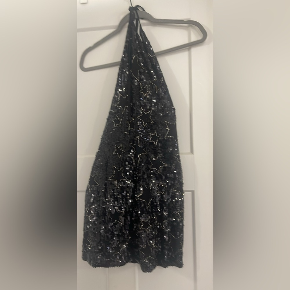 Black Sequin Star Backless Halter Dress
